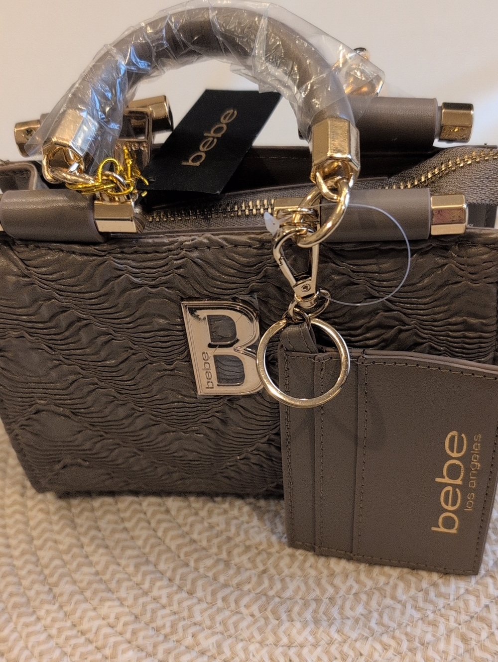 bebe Taupe Textured Crossbody with Gold Hardware and Detachable Cardholder